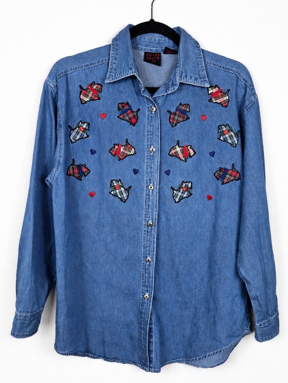 Vintage 90s Quizz Again Denim Shirt Scottie Dog Plaid Embroidered Grannycore S